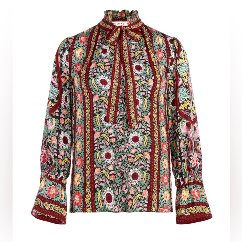 Alice + Olivia Reilly Ruffle Tie Neck Collar Flower Blouse Size XS - Picture 2 of 14
